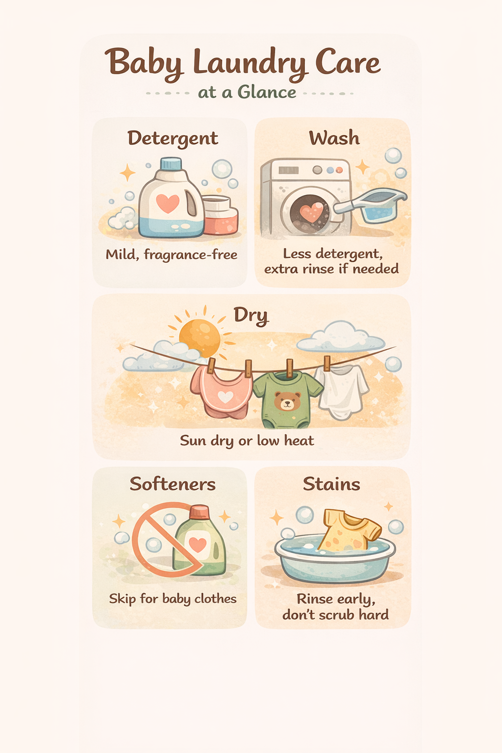 Baby laundry care infographic showing detergent, washing, drying, stain care and fabric softener tips