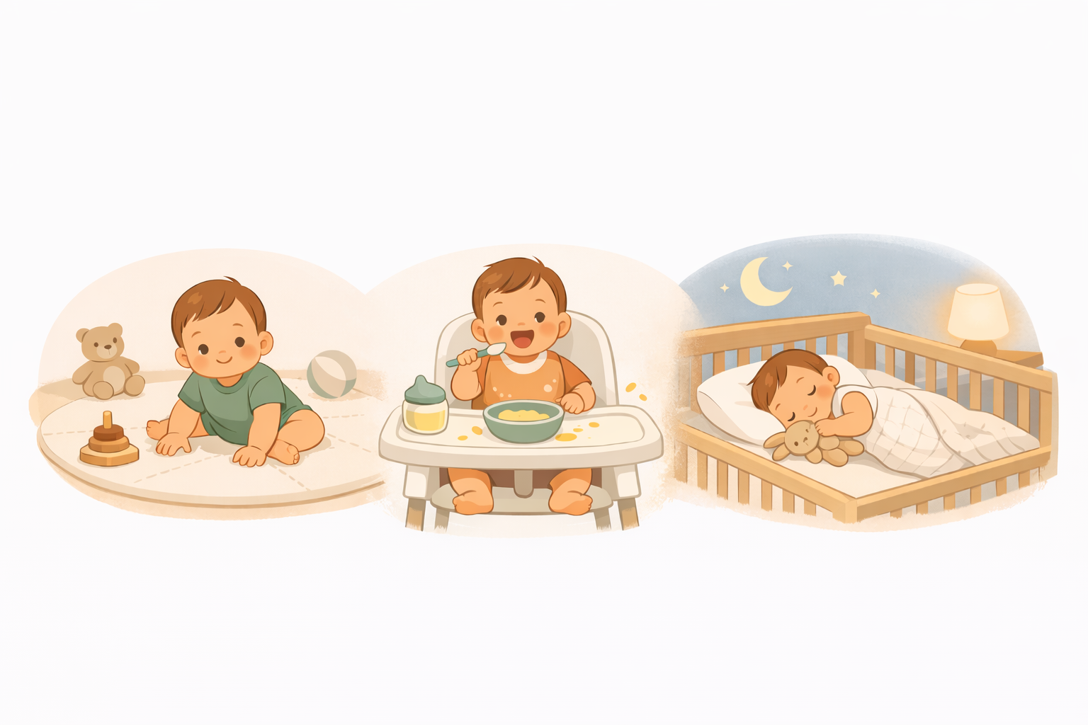 6 month baby milestones illustration showing sitting, eating solids and sleeping