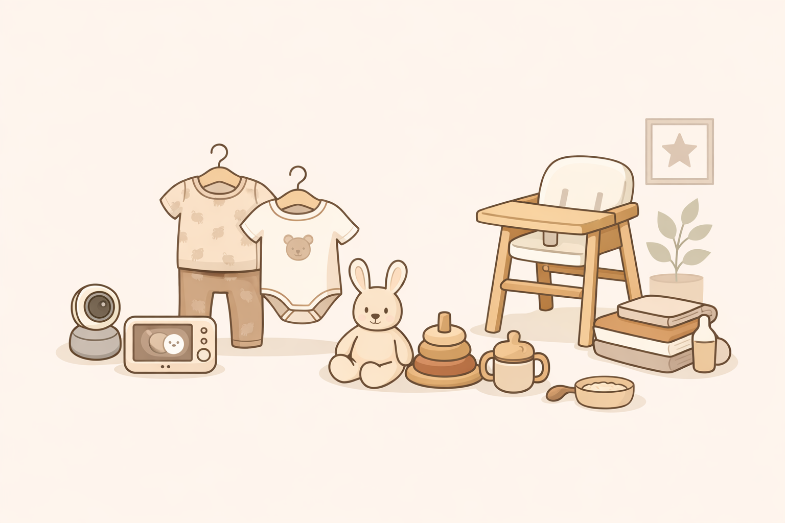 Flat illustration of essential baby gear for 4–6 months in neutral tones